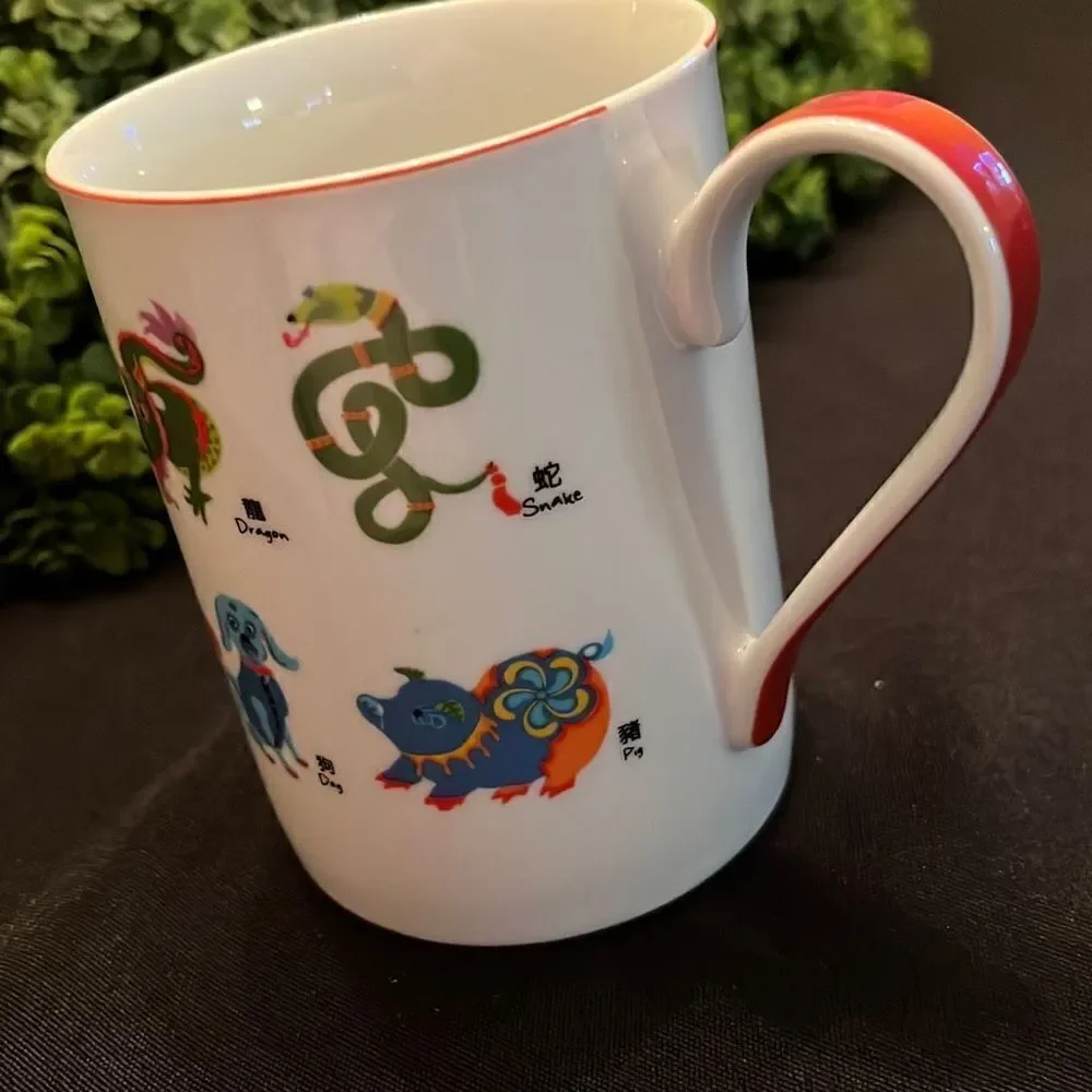 Pier 1 Chinese Zodiac Coffee Tea Mug Cup Porcelain White Red Handle